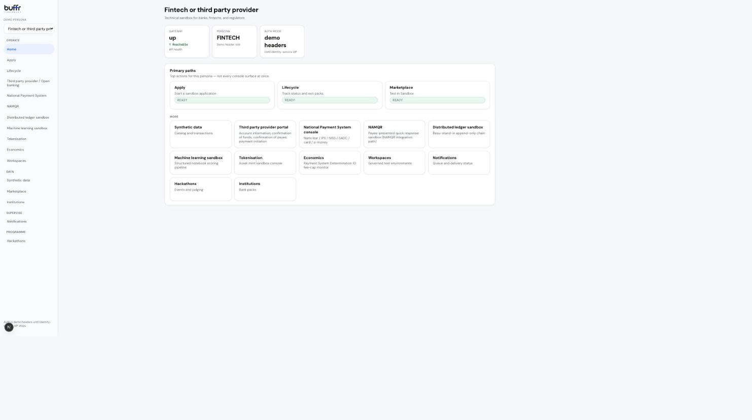 The Buffr Sandbox console: a persona home screen showing gateway health and primary paths into Apply, Lifecycle, and Marketplace