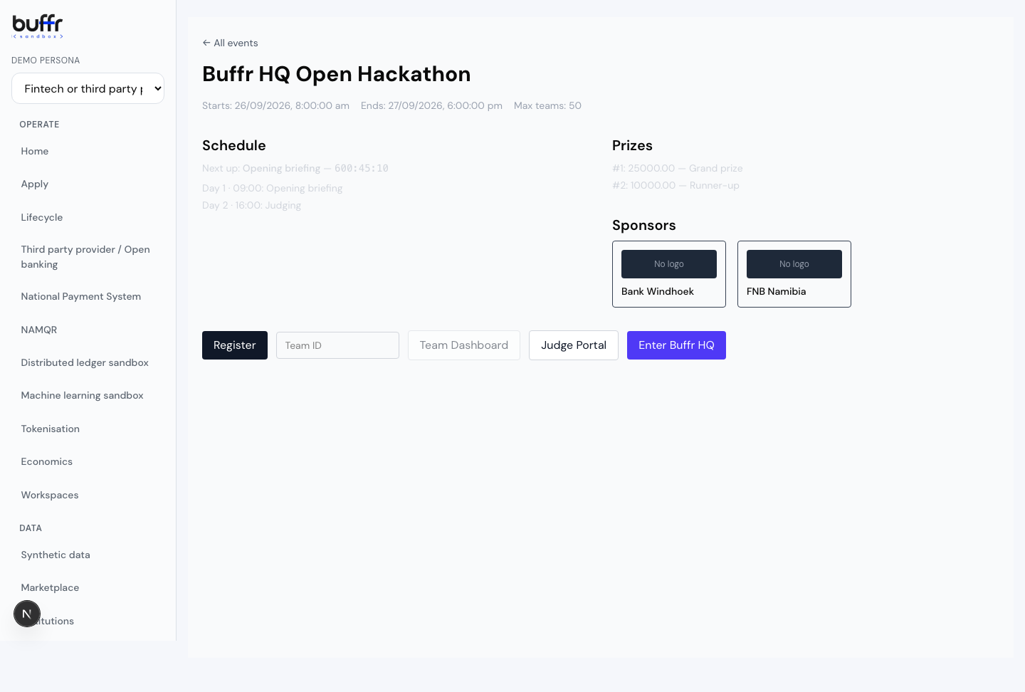 A live Buffr HQ event page showing the schedule, prizes, sponsors, and the Register, Team Dashboard, Judge Portal, and Enter Buffr HQ actions